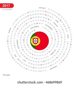 2017 Calendar, Portugal Country Flag Circle Button, spiral Calendar illustration, Happy new Year calendar. vector illustration