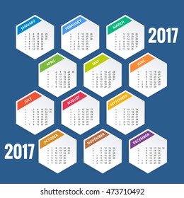 2017 Calendar, Print Template with Place for Photo Your Logo and Text. Week Starts Sunday. Portrait Orientation.  Set of 12 Months.