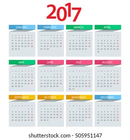 2017 Calendar, Print Template with Place for Photo, Your Logo and Text. Week Starts Sunday. Portrait Orientation. 2017 year Set of 12 Months.