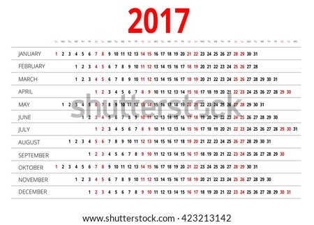 2017 Calendar, Print Template with Place for Photo, Your Logo and Text. Week Starts Sunday.  Portrait Orientation. Set of 12 Months.