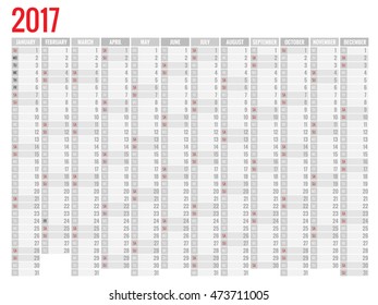 2017 Calendar. Print Template. Week Starts Sunday.  