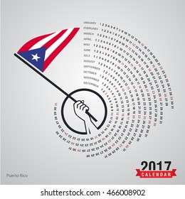 2017 Calendar, Puerto Rico Country Waving Flag banner, spiral illustration, swiral shape, Blue polygonal background calendar cover template, Happy new Year calendar. vector illustration
