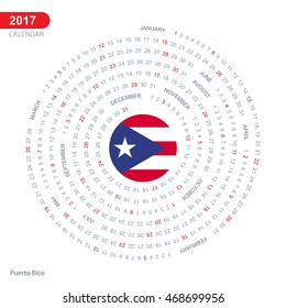 2017 Calendar, Puerto Rico Country Flag Circle Button, spiral Calendar illustration, Happy new Year calendar. vector illustration
