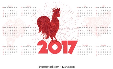 2017 calendar with red rooster. White background. Hand-drawn doodle contour and silhouette. Vector illustration. Symbol New Year Chinese horoscope.