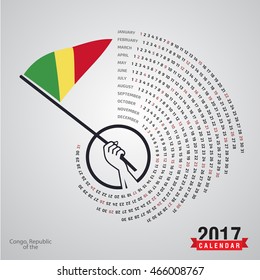 2017 Calendar, Republic of the Congo Country Waving Flag banner, spiral illustration, swiral shape, Blue polygonal background calendar cover template, Happy new Year calendar. vector illustration