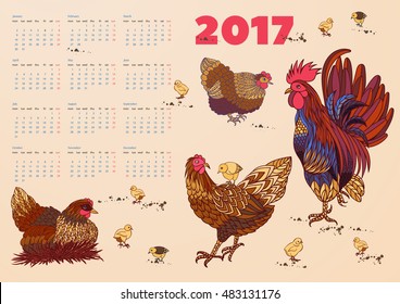 2017 calendar with rooster, hens and chickens. Week starts on Monday Vector illustration. Symbol New Year Chinese horoscope.