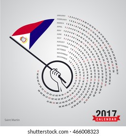 2017 Calendar, Saint Martin Country Waving Flag banner, spiral illustration, swiral shape, Blue polygonal background calendar cover template, Happy new Year calendar. vector illustration