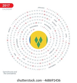 2017 Calendar, Saint Vincent and Grenadines Country Flag Circle Button, spiral Calendar illustration, Happy new Year calendar. vector illustration