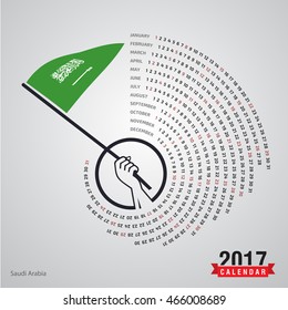 2017 Calendar, Saudi Arabia Country Waving Flag banner, spiral illustration, swiral shape, Blue polygonal background calendar cover template, Happy new Year calendar. vector illustration