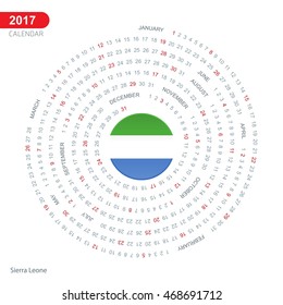 2017 Calendar, Sierra Leone Country Flag Circle Button, spiral Calendar illustration, Happy new Year calendar. vector illustration