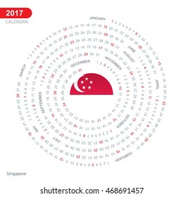 2017 Calendar, Singapore Country Flag Circle Button, spiral Calendar illustration, Happy new Year calendar. vector illustration