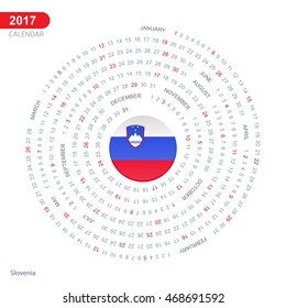 2017 Calendar, Slovenia Country Flag Circle Button, spiral Calendar illustration, Happy new Year calendar. vector illustration