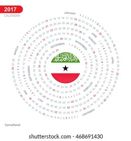 2017 Calendar, Somaliland Country Flag Circle Button, spiral Calendar illustration, Happy new Year calendar. vector illustration