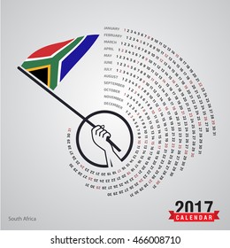 2017 Calendar, South Africa Country Waving Flag banner, spiral illustration, swiral shape, Blue polygonal background calendar cover template, Happy new Year calendar. vector illustration
