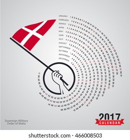2017 Calendar, Sovereign Military order of Malta  Country Waving Flag banner, spiral illustration, swiral shape, Blue background calendar cover template, Happy new Year calendar. vector illustration