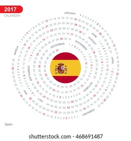 2017 Calendar, Spain Country Flag Circle Button, spiral Calendar illustration, Happy new Year calendar. vector illustration