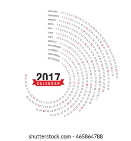 Kalender 2017, spiralförmige Illustration, wirbelförmige Form, Banner mit rotem Band, mehrfarbiger Hintergrund Vorlage für den Kalender