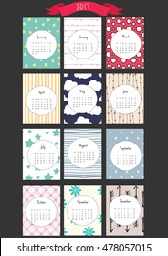 2017 calendar start on monday, each month with individual table. Patterned colorful background.