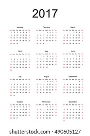 2017 calendar, start at Sunday. Vector illustration