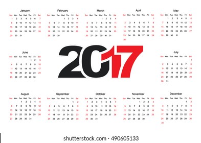 2017 calendar, start at Sunday. Vector illustration