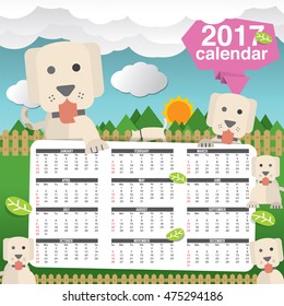 2017 Calendar Starts Sunday Cute Dogs In Backyard Vector Illustration