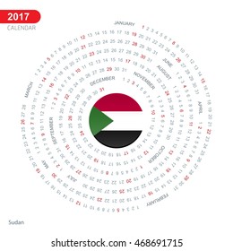 2017 Calendar, Sudan Country Flag Circle Button, spiral Calendar illustration, Happy new Year calendar. vector illustration