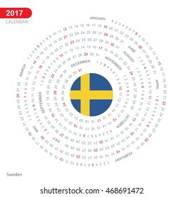 2017 Calendar, Sweden Country Flag Circle Button, spiral Calendar illustration, Happy new Year calendar. vector illustration