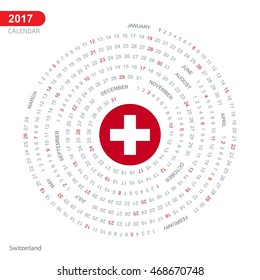 2017 Calendar, Switzerland Country Flag Circle Button, spiral Calendar illustration, Happy new Year calendar. vector illustration