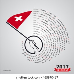 2017 Calendar, Switzerland Country Waving Flag banner, spiral illustration, swiral shape, Blue polygonal background calendar cover template, Happy new Year calendar. vector illustration