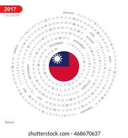 2017 Calendar, Taiwan Country Flag Circle Button, spiral Calendar illustration, Happy new Year calendar. vector illustration