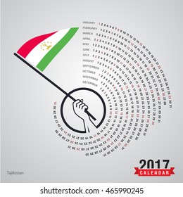 2017 Calendar, Tajikistan Country Waving Flag banner, spiral illustration, swiral shape, Blue polygonal background calendar cover template, Happy new Year calendar. vector illustration