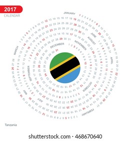 2017 Calendar, Tanzania Country Flag Circle Button, spiral Calendar illustration, Happy new Year calendar. vector illustration
