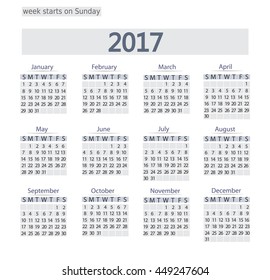 2017 Calendar template.  Business format. Week starts on Sunday.