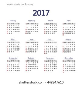 2017 Calendar template.  Business format. Week starts on Sunday.