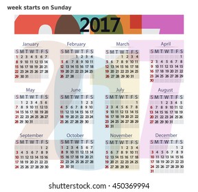 2017 Calendar template.  Business format. Week starts on Sunday. 