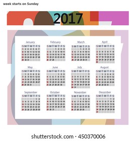 2017 Calendar template.  Business format. Week starts on Sunday. 