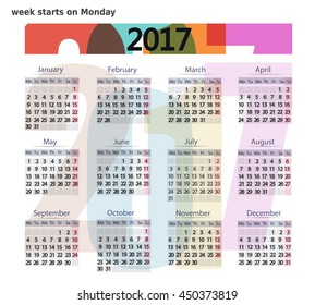 2017 Calendar template.  Business format. Week starts on Monday 
