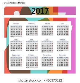 2017 Calendar template.  Business format. Week starts on Monday 
