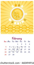 2017 Calendar. Template of February calendar. Good morning theme with cup of tea with citrus lemon slices. Design idea for advertising. Week starts Sunday. Easy to edit. Vector illustration