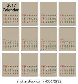 2017 calendar template. First day Sunday. Illustration in vector format.