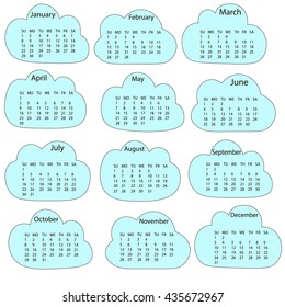 2017 calendar template. First day Sunday. Illustration in vector format. Design calendar grid in the form of clouds, blue color