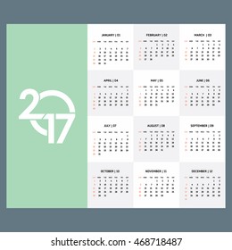 2017 Calendar template. Green background. 2017 Creative Calligraphy vector illustration