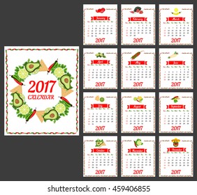 2017 Calendar. Template of calendar with hot chili pepper border in colors of Mexican flag and set of vegetables. Design idea for advertising. Week starts Sunday. Easy to edit. Vector illustration