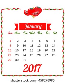 2017 Calendar. Template of monthly calendar for January with hot chili pepper border in colors of Mexican flag and set of vegetables. Week starts Sunday. Easy to edit. Vector illustration