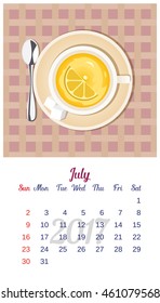 2017 Calendar. Template of monthly calendar for July. Good morning theme with cup of tea with lemon, sugar and spoon. Design idea for advertising. Week starts Sunday. Easy to edit. Vector illustration