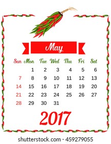 2017 Calendar. Template of monthly calendar for May with hot chili pepper border in colors of Mexican flag and set of vegetables. Week starts Sunday. Easy to edit. Vector illustration