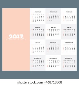 2017 Calendar template. Orange background. 2017 Creative Calligraphy vector illustration