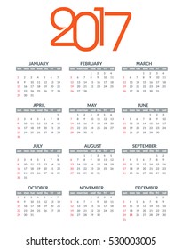 2017 calendar template. Vector 2017 year planner background.