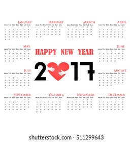 2017 Calendar Template.Calendar for 2017 year.Vector design stationery template.Week starts Monday.Flat style color vector illustration.Yearly calendar template.Calendar 2017 Set of 12 Months.