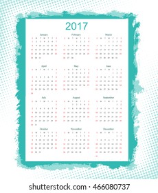 2017 Calendar template.Week starts from Sunday.Vector illustration.